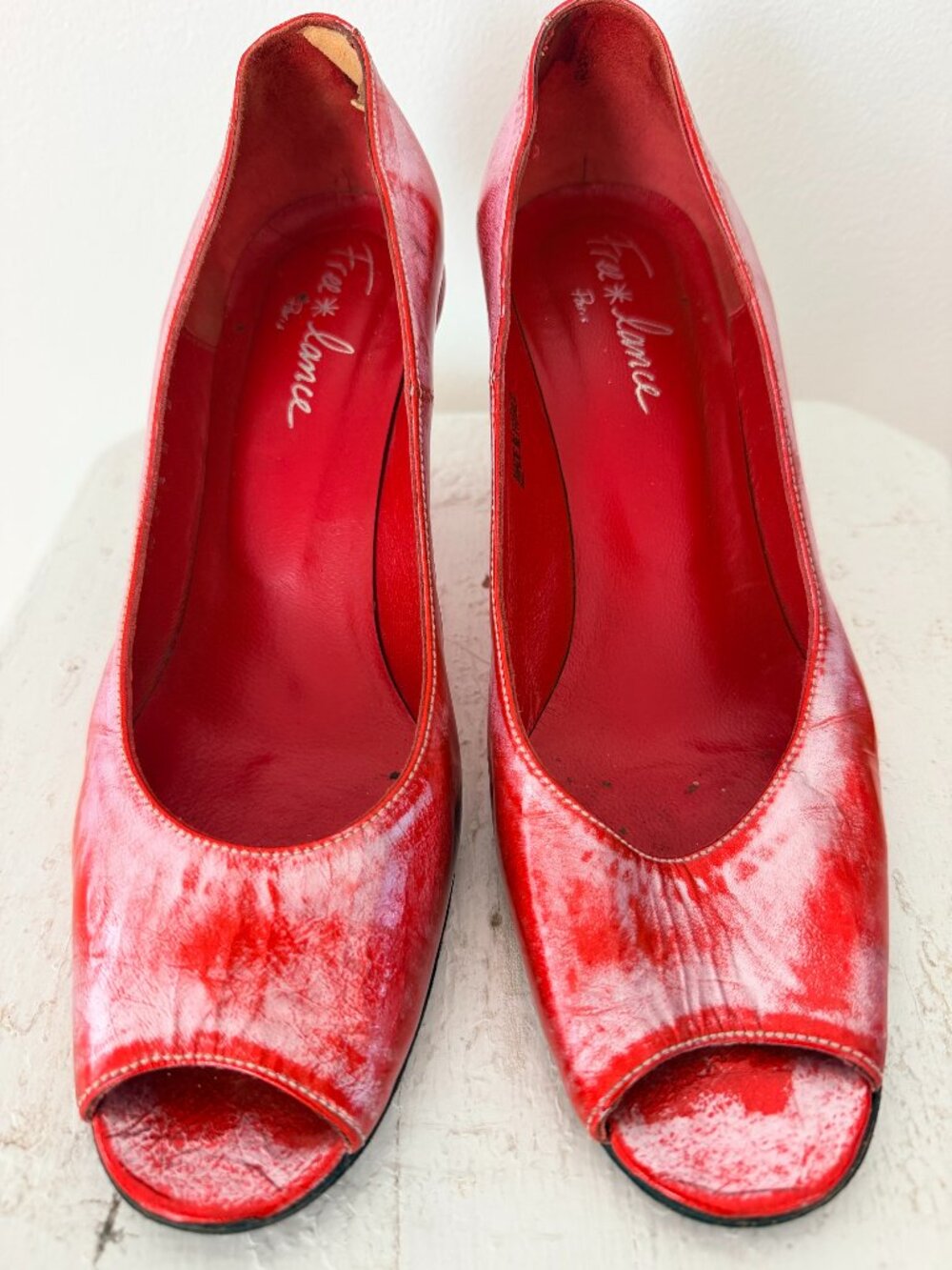 Vintage Free Lance Paris red leather peep-toe pumps, Size 37 1/2